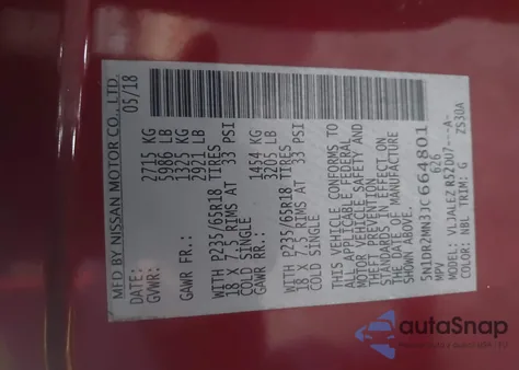 2018 Nissan Pathfinder Sv from USA, damaged, VIN 5N1DR2MN3JC664801